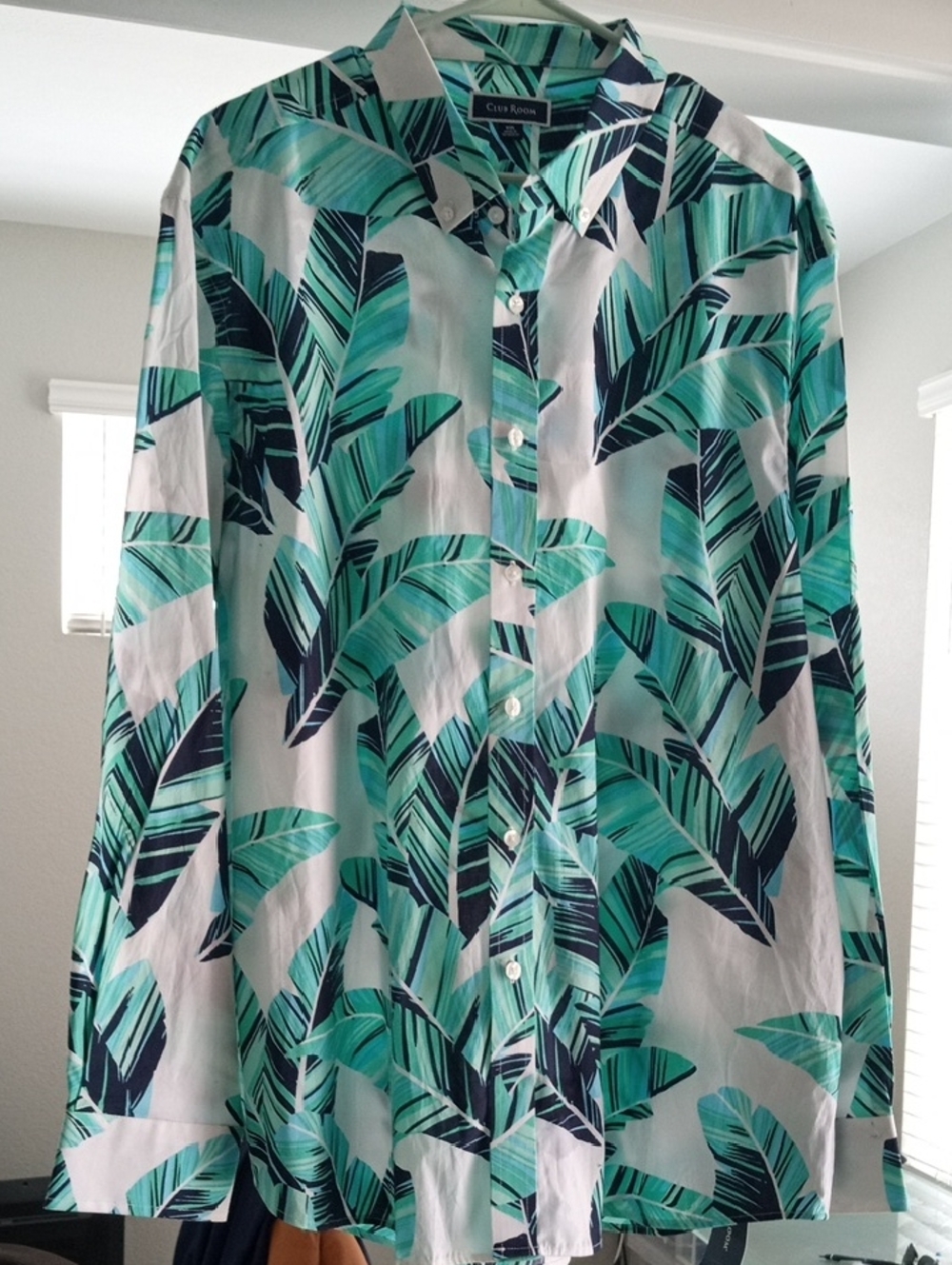 Club Room White Button-Down Shirt with Teal and Navy Tropical Leaf Print